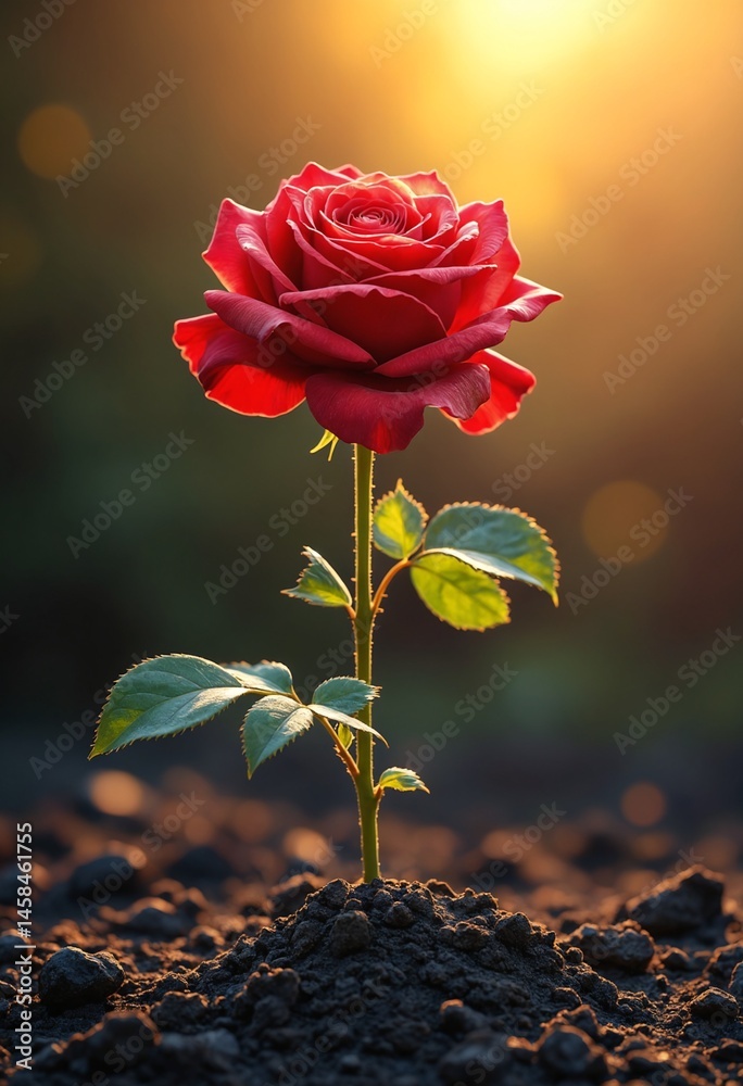 Poster a vibrant red rose emerging from dark soil illuminated by warm light symbolizing resilience