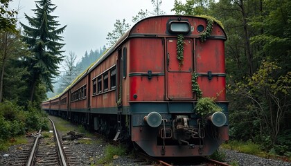 Obraz premium Rusty red train in forest