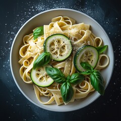 The text describes a visually appealing dish of creamy tagliatelle pasta, topped with fresh zucchini, basil, and cheese, complemented by a moody background for a visually appealing presentation.