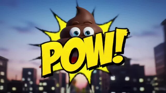 Superhero poop emoji soaring through city at night adds whimsical humor for all uses