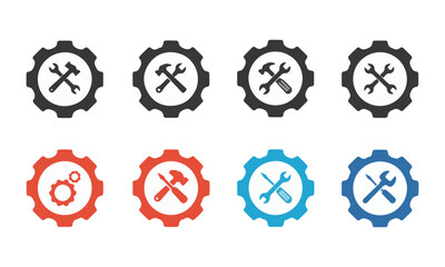 Obraz premium Eight gear icons (black, red, blue) with crossed hammer/wrench or screwdriver/wrench inside.