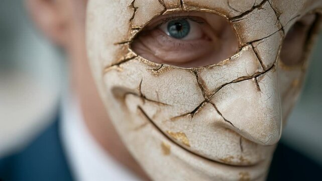 Cracked Mask, Hidden Identity: A close-up shot reveals a man partially obscured by a cracked, unsettling mask, hinting at a hidden identity or duality.