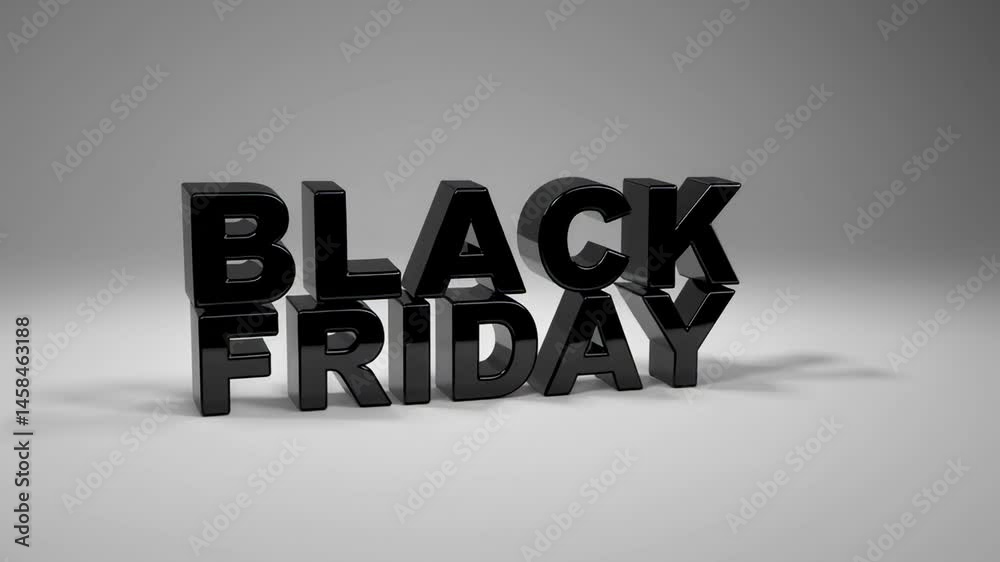 Poster Glossy three dimensional black friday text rotates slightly, casting shadows on a white background, creating a simple yet effective visual representation of the popular shopping event