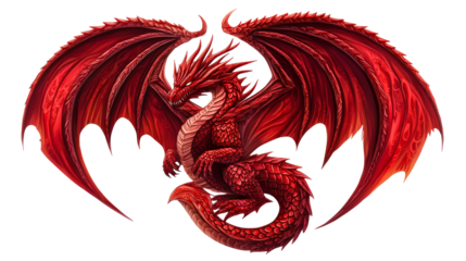Majestic scarlet dragon, detailed scales, open wings, cut out transparent