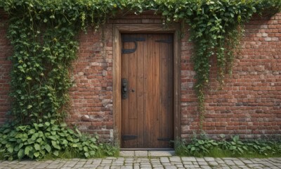 Rustic brick wall, antique wooden door, lush green vines ,  stone,  leaves