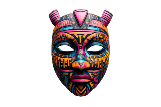 Ornate tribal ceremonial mask, colorful carved patterns,isolated, cut out transparent