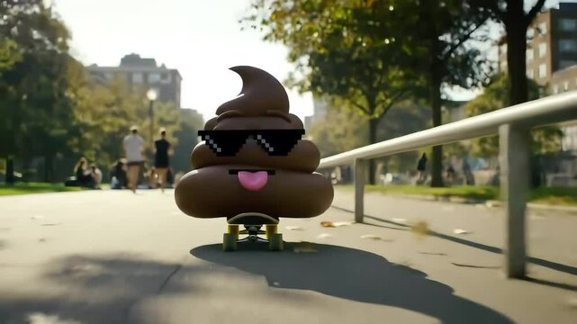 Funny poop emoji character skateboarding in the park a humorous and playful scene