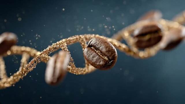 Coffee Bean DNA: A macro view unveils the artistry of coffee beans entwined within a delicate DNA helix. The photo embodies innovation and purity.