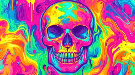 Colorful skull on vibrant abstract background.