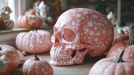 Pink skull with polka dots surrounded by pumpkins