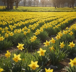 Obraz premium Sunlit daffodil field, vibrant yellow blooms, spring countryside , field, floral