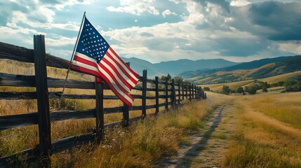 American flag hanging over rustic wooden fence in rural setting with open sky