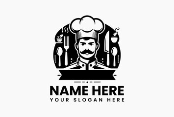 Abstract chef’s hat formed by knife and fork within a geometric wheat circle, modern vector logo for food tech  