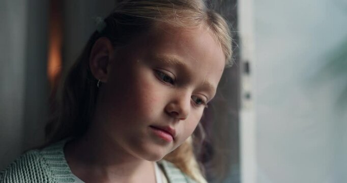 Depression, thinking and window with child at home for mental health, youth crisis and adoption fail. Mistake, foster care trauma and abandon fear with girl at house for sad, reflection and anxiety