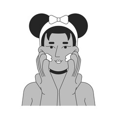 Black woman applying cream moisturizer outline illustration. Cleansing face skin care. Facial routine. African american female 2D line character isolated on white. Monochrome vector ink linear image