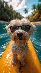 Yorkshire Terrier in sunglasses on yellow float in tropical ocean with palm trees and sunny sky.