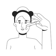 Blonde woman applying facial serum with dropper outline illustration. Hydration skincare. Glowing skin. Caucasian white female 2D line character isolated on white. Monochrome vector ink linear image