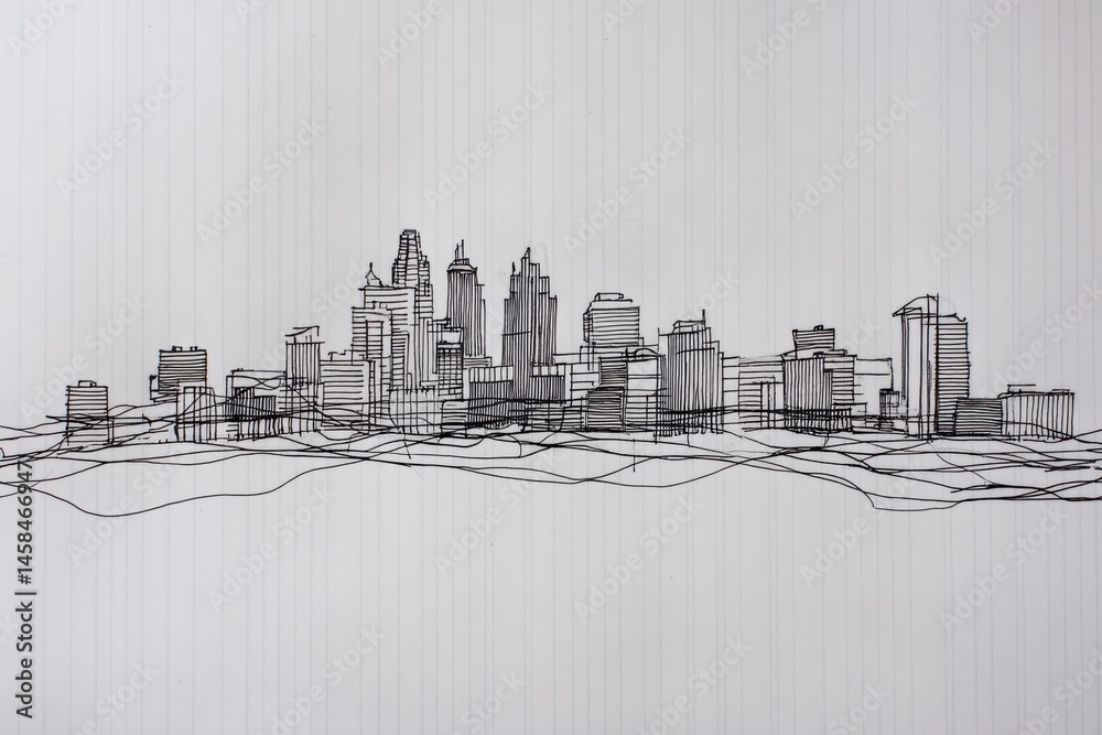 Poster City Skyline Ink Drawing Features Flowing Continuous Line Art Representing Urban Landscape at Dusk Generative AI