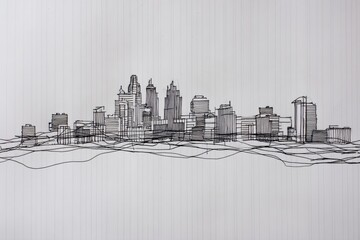 Fototapeta premium City Skyline Ink Drawing Features Flowing Continuous Line Art Representing Urban Landscape at Dusk Generative AI