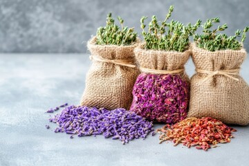 Dried herbs in burlap bags
