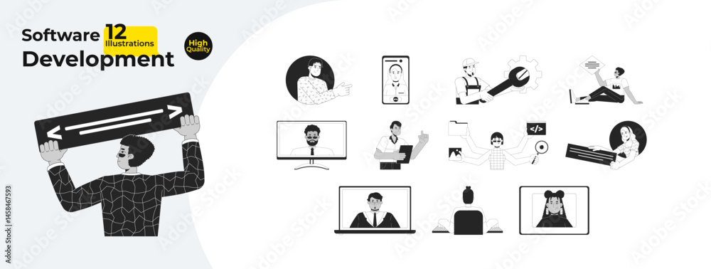 Poster software development characters outline illustrations mega bundle. diverse developers technology. pr