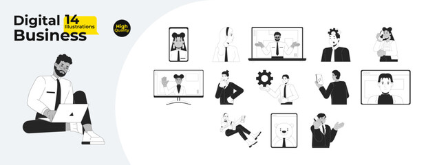 Digital business communication and remote work outline illustrations mega bundle. Virtual meetings, video call. Diverse employees 2D linear images isolated. Collection black and white vector drawings