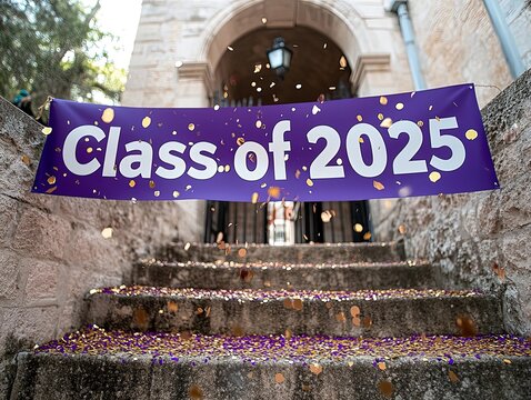 Graduation Celebration Scene: Golden Confetti Trail on Stone Steps with "Class of 2025" Archway Banner, Academic Books and Petals in Minimalist Vector