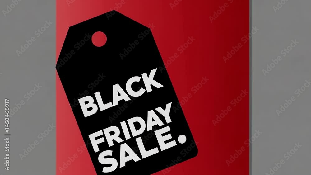 Poster Black friday sale tag swinging gently against a vibrant red and neutral grey background, creating a dynamic visual representation of the shopping event