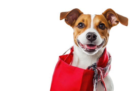 A smiling dog carrying a bag adds personality and delight to shopping or promotional visuals