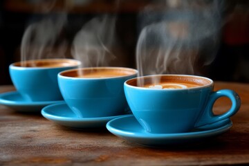 Obraz premium Steaming cups of coffee in warm morning sunlight on rustic wooden table