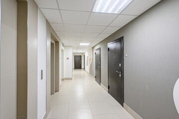 interior apartment public place,brightly lit hallway in an apartment building, with doors, elevators, and an exit sign. walls are neutral colors and floor is tiled.