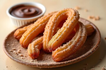 Fototapeta premium Delicious churros with cinnamon sugar and chocolate dip ready to be enjoyed on a plate