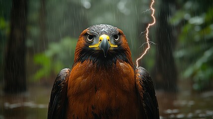 Powerful raptor in a stormy jungle
