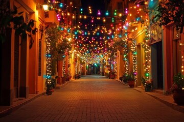 Festive street with colorful string lights and warm glowing decorations creating a magical nighttime celebration atmosphere