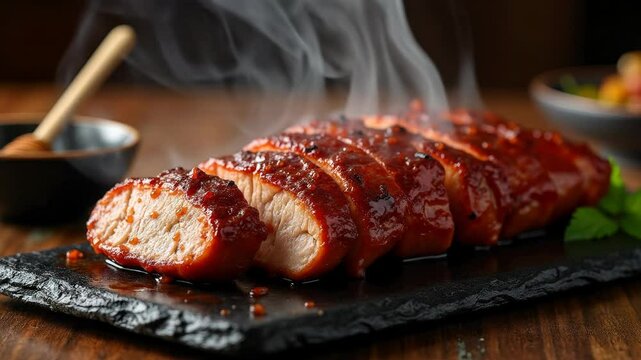 Cantonese char siu pork served fresh and glossy on dark slate plate