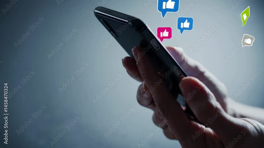 Poster Hands holding a smartphone are receiving many social media likes and notifications, creating a sense of digital chaos and notification stress, possibly leading to smartphone anxiety