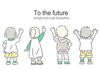 自信を持って挑戦する子供たちの後ろ姿　シンプルでかわいい線画イラスト