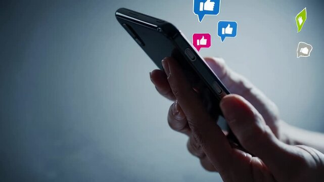 Hands holding a smartphone are receiving many social media likes and notifications, creating a sense of digital chaos and notification stress, possibly leading to smartphone anxiety