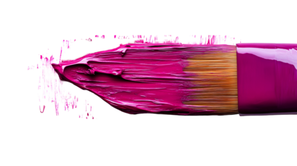 Paintbrush loaded with vivid pink paint, close-up, cut out transparent