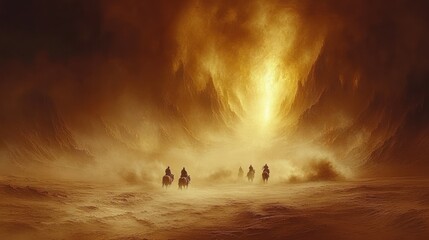 Riders traverse fiery desert canyon, dust storm