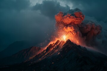 Fototapeta premium Dramatic volcano eruption spewing lava and ash against a moody sky, showing geological forces and volcanic activity in a mountainous terrain