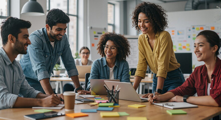 Diverse team collaborating enthusiastically in a modern office  