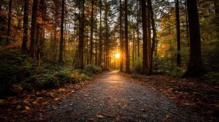 Fototapeta premium Sunlight path through autumn forest