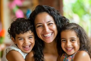 Fototapeta premium Smiling woman with her two joyful children.