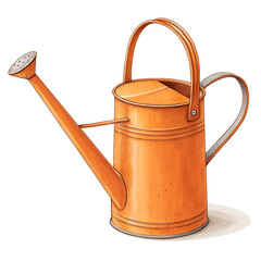 Cartoon illustration of an orange metal watering can with a long spout and sprinkler head, isolated on a transparent background