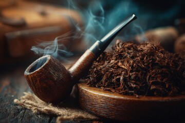 Vintage briar smoking pipe with tobacco and wafts of smoke on rustic wood table surface in soft natural light