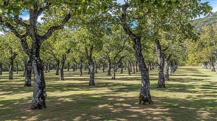 Obraz premium Lush orchard with many fruit trees