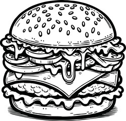 Fototapeta premium Cute Burger Isolated Line Art Vector Outline Illustration Black and White