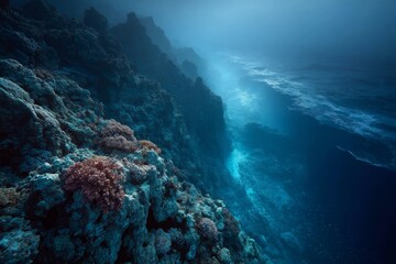 Fototapeta premium Underwater Coral Reef Landscape with Soft Light Hitting the Ocean Surface from Above Creating an Atmospheric Scene