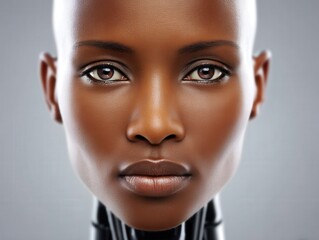 close-up portrait of a confident female robot showcasing intricate facial features with smooth skin and expressive eyes representing the intersection of technology and human emotion